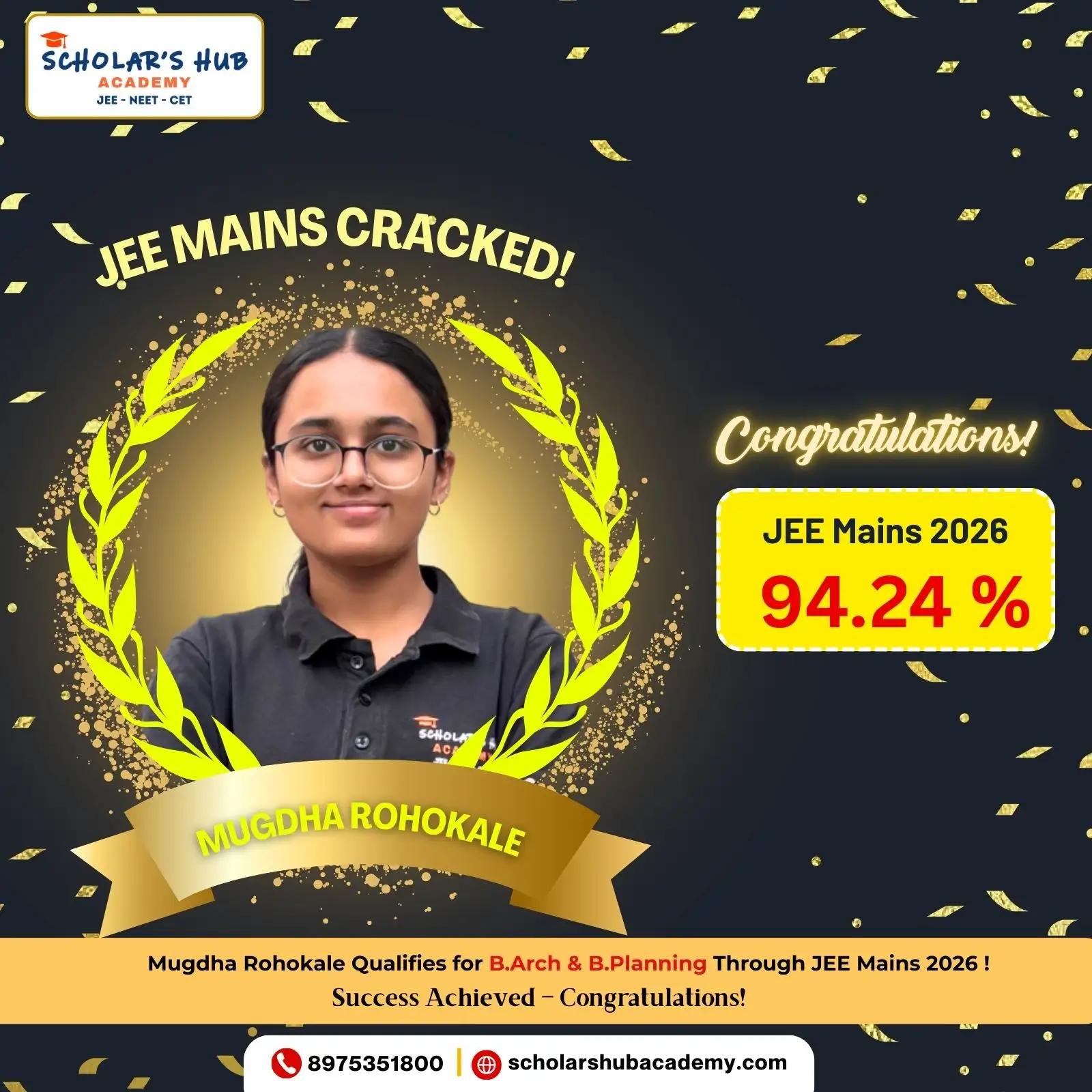JEE Mains AY2025-26 results of Scholars hub academy, Pune